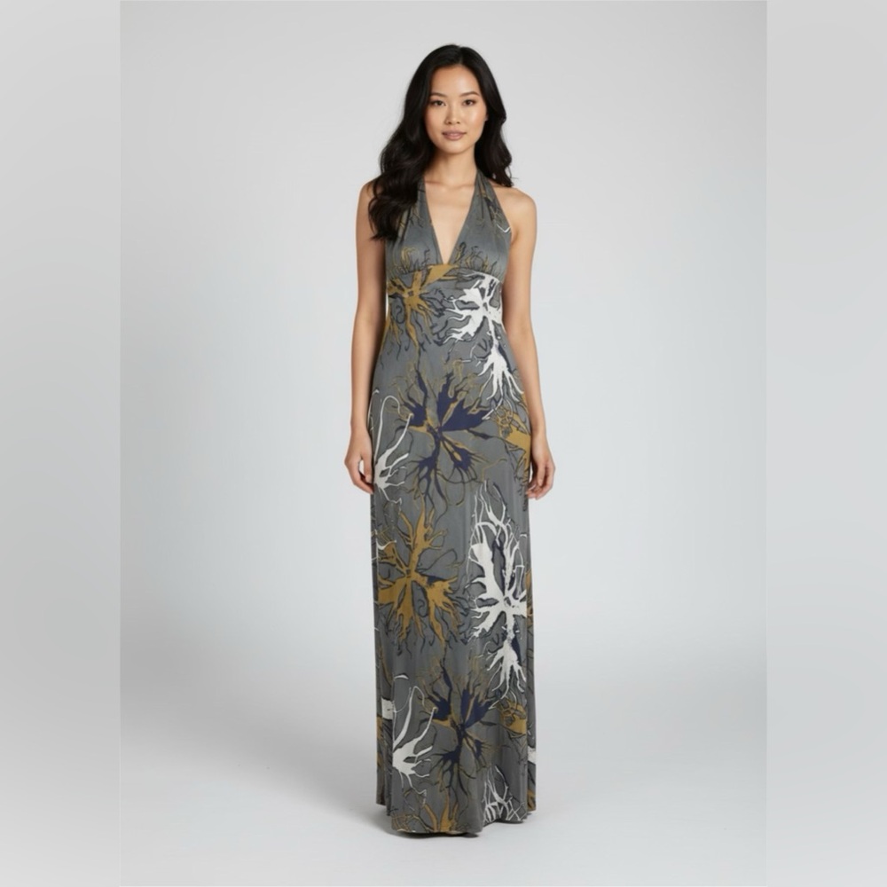 New Rock & Republic Gray Floral Maxi Cocktail Evening Dress Open back size 8 M